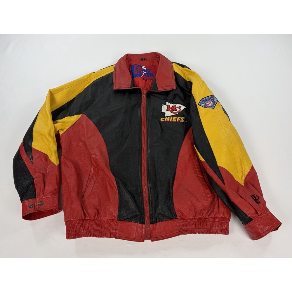 Vintage Pro Player Kansas City Chiefs NFL Leather Bomber Jacket Men's XL Signed